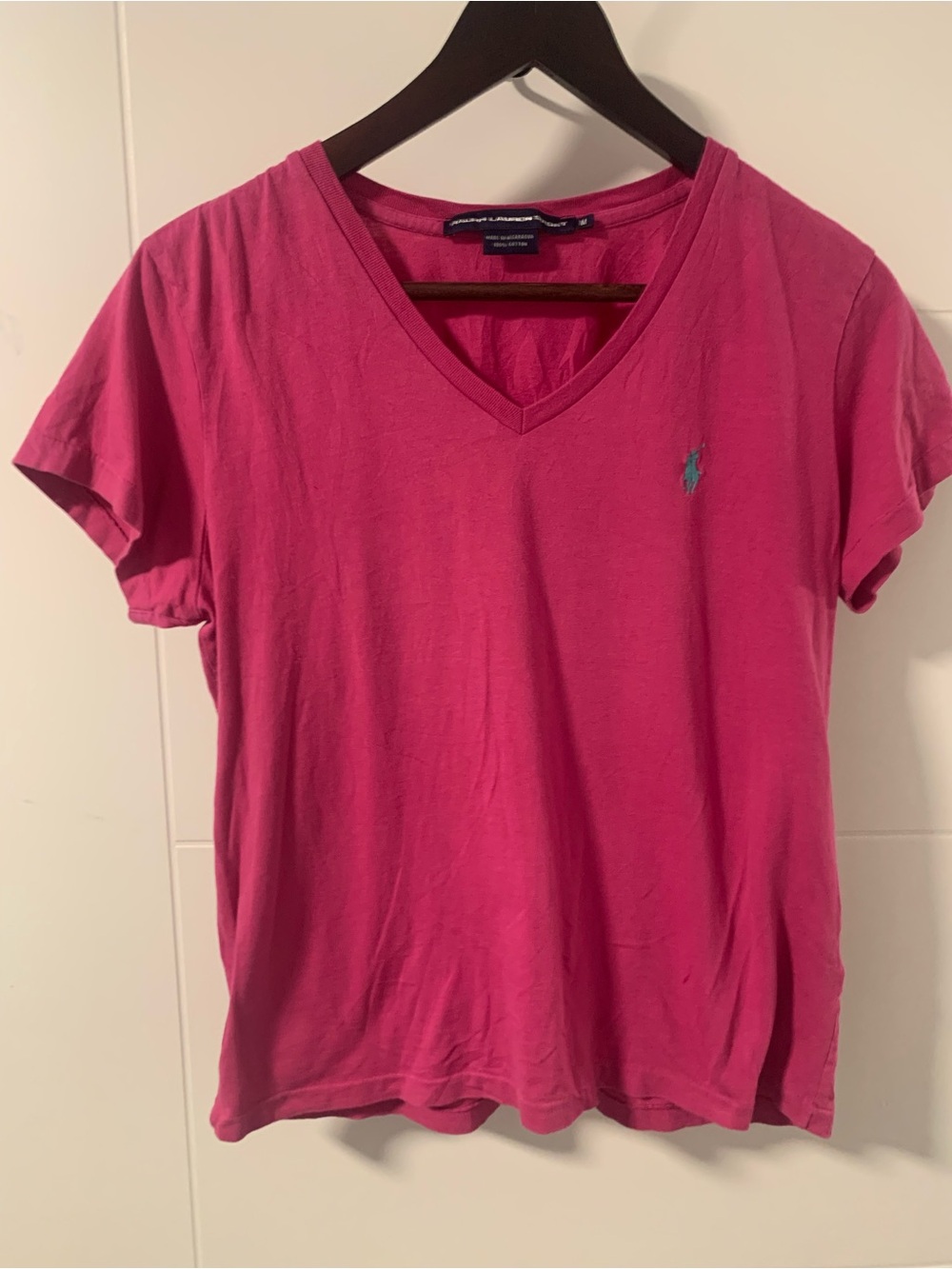 Ralph Lauren Bright Pink V-Neck Tee with Teal Pony